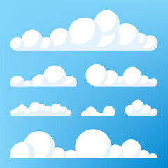 Set of blue sky, clouds. Cloud icon, cloud shape. Set of different clouds. Collection of cloud icon, shape, label, symbol. Graphic element vector. Vector design element for logo, web and print.