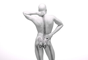 3D render : the portrait of a man pose as he got the pain at his neck and his lower back
