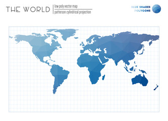 Fototapeta na wymiar Vector map of the world. Patterson cylindrical projection of the world. Blue Shades colored polygons. Awesome vector illustration.