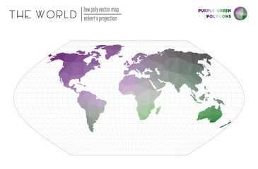Triangular mesh of the world. Eckert V projection of the world. Purple Green colored polygons. Modern vector illustration.