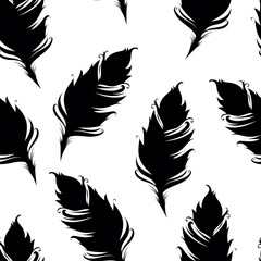 Black feather silhouette isolated on White background. Seamless pattern. Vector illustration
