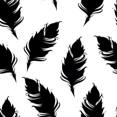 Obraz premium Black feather silhouette isolated on White background. Seamless pattern. Vector illustration