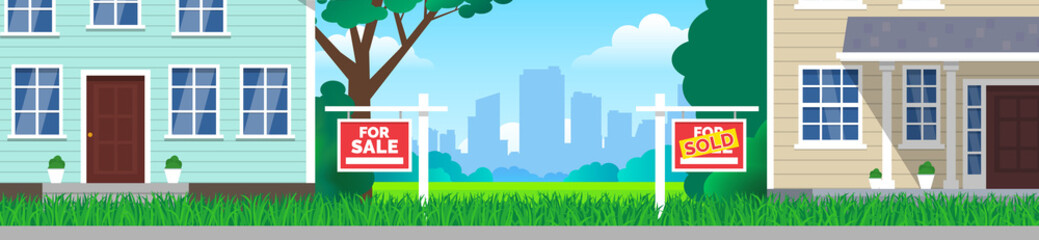 for sale and sold signs on lawn grass in front of  houses real estate investment concept vector illustration - obrazy, fototapety, plakaty