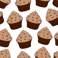 Tasty chocolate cupcakes isolated on white background. Sweet dessert seamless pattern. Vector illustration