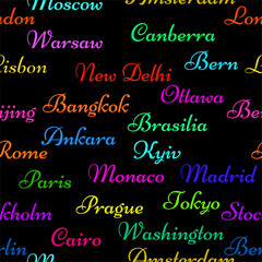 Fototapeta na wymiar Seamless pattern with the name capitals of the world. Creative background