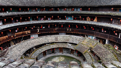 High angle view on the inner courtyard of a traditional tulou. Also called earthen houses.
