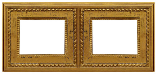 Fototapeta premium Double golden frame (diptych) for paintings, mirrors or photos isolated on white background