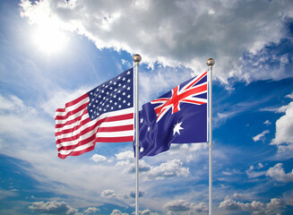 Realistic 3D Illustration. USA and Australia. Waving flags of America and Australia.