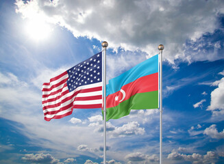 Realistic 3D Illustration. United States of America vs Azerbaijan. Thick colored silky flags of America and Azerbaijan. 3D illustration on sky background. - Illustration