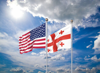 Realistic 3D Illustration. USA and Georgia. Waving flags of America and Georgia.