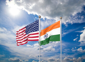 Realistic 3D Illustration. USA and India. Waving flags of America and India.
