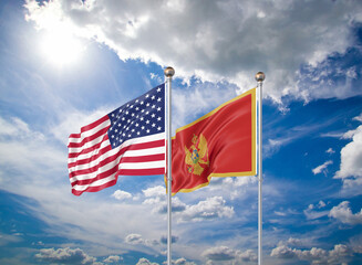 Realistic 3D Illustration. USA and Montenegro. Waving flags of America and Montenegro.