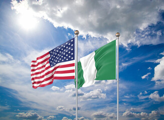 Realistic 3D Illustration. USA and Nigeria. Waving flags of America and Nigeria.