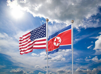 Realistic 3D Illustration. USA and North Korea. Waving flags of America and North Korea.