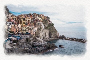 Fototapeta na wymiar Watercolor stylization of picturesque view on Manarola village, Cinque Terre, Liguria, Italy. Postcard design