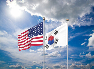 Realistic 3D Illustration. USA and South Korea. Waving flags of America and South Korea.