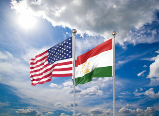 Realistic 3D Illustration. USA and Tajikistan. Waving flags of America and Tajikistan.