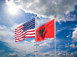 Realistic 3D Illustration. USA and Albania. Waving flags of America and Albania.