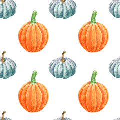 Watercolor pumpkin seamless pattern. Hand painted autumn veggies on white background, isolated. Orange and blue gourds. Fall themed design, Thanksgiving card design, Halloween wallpaper.