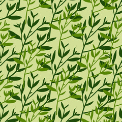 Fototapeta premium Zielone liście sylwetka wzór. Ozdobne gałązki. Tapeta wektor gałęzi drzew. Tło natura.
