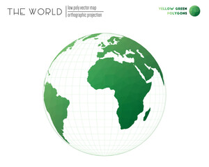 Polygonal world map. Orthographic projection of the world. Yellow-green colored polygons. Contemporary vector illustration.