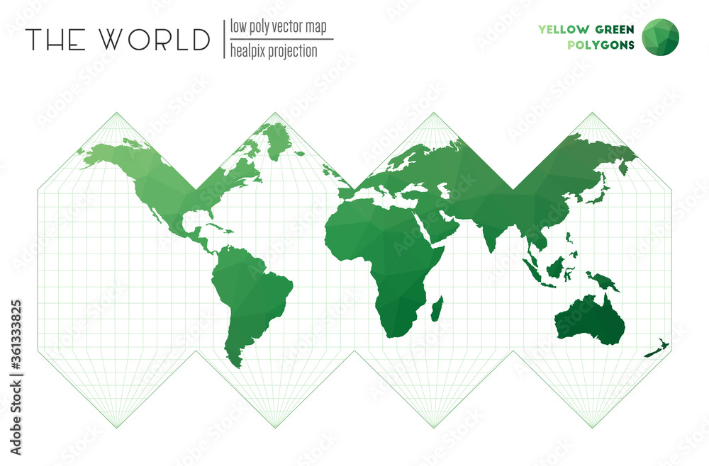 Poster Triangular mesh of the world in HEALPix projection. Yellow-green colored polygons. Elegant vector illustration.