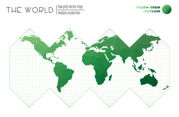 Triangular mesh of the world. HEALPix projection of the world. Yellow Green colored polygons. Elegant vector illustration.