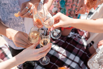 Close up clinking, cheers. Seasonal feast at beach resort. Group of friends celebrating, resting, having fun in sunny summer day. Look happy and cheerful. Festive time, wellness, holiday, party.