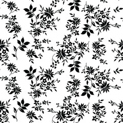 Tiny flowers seamless pattern, vector, black and white