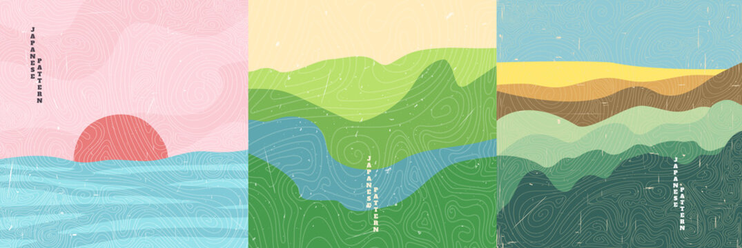 Vector illustration landscape. Japanese wave pattern. Mountain background. Asian style. Design for social media wallpaper, blog post template. Old paper with scratches, Colorful backdrop
