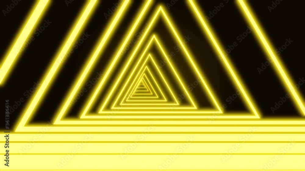 Poster bright yellow-green neon lines on black background are forming motion triangle tunnel. abstract back