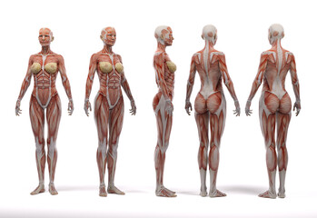 3D Render :a  standing female body illustration with muscle tissues display