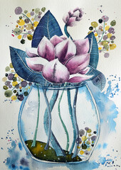 water lily or lotus in vase watercolor background