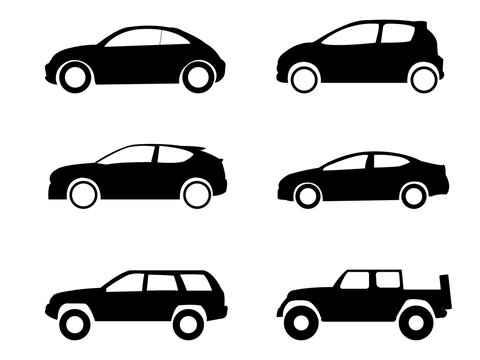 Cars collection icons set on white background, Vector Car Type and Model Objects icons Set silhouette for web