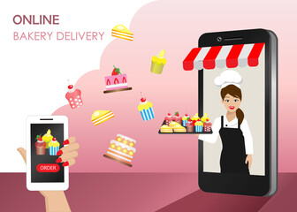 Online food delivery concept. Woman hand order cakes via mobile application. Chef woman holding pastry tray on smartphone screen with spreading of bakery and cakes. Vector Illustration.