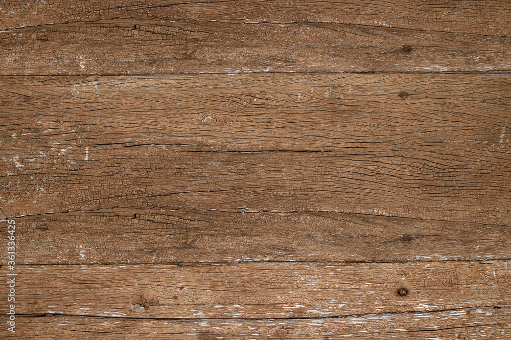 Poster Wood texture background.Top view of weathered vintage wooden table with cracks. Brown rustic rough wood texture and pattern for backdrop