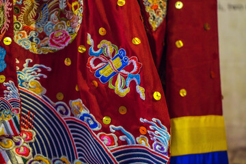 Vietnam ancient costume (name is Nhat Binh), worn by royalty and queens. Displaying during street festivals in Nguyen Hue street, Ho Chi Minh city, Vietnam