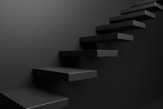 Ascending black stairs in black room close-up, abstract 3D illustration.