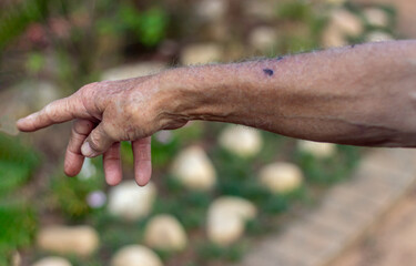 hand of an elderly man pointing with blurred background
