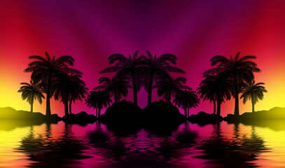 Silhouettes of tropical palm trees on a background of abstract background with neon glow. Reflection of palm trees on the water. 3d illustration