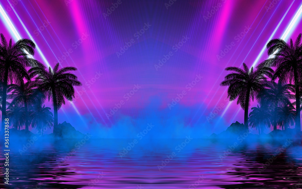 Poster silhouettes of tropical palm trees on a background of abstract background with neon glow. reflection