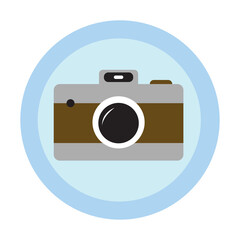Simple colorful photo camera icon in flat style on blue background