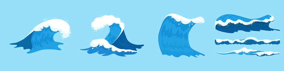Sea waves collection. Set of blue ocean waves with white foam in cartoon style