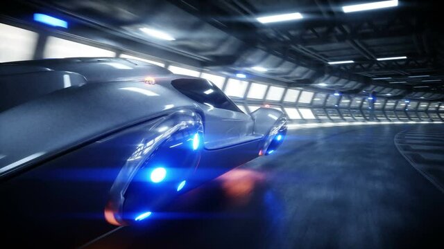 futuristic flying car fast driving in sci fi tunnel, coridor. Concept of future. Realistic 4k animation.