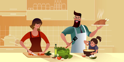 Young happy family are cooking tasty dinner together in the kitchen. Mommy, daughter and daddy. Flat graphic vector illustration.