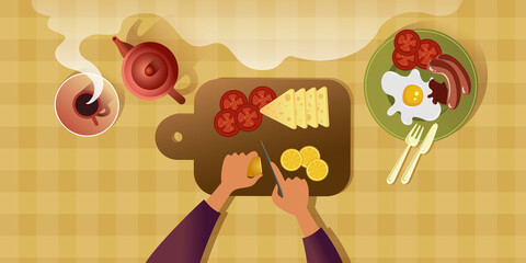 Cheese and tomatoes on the cutting board. Cooking breakfast, slicing a lemon for tea. Top view vector mockup for a layout landing page or design advertising banner.