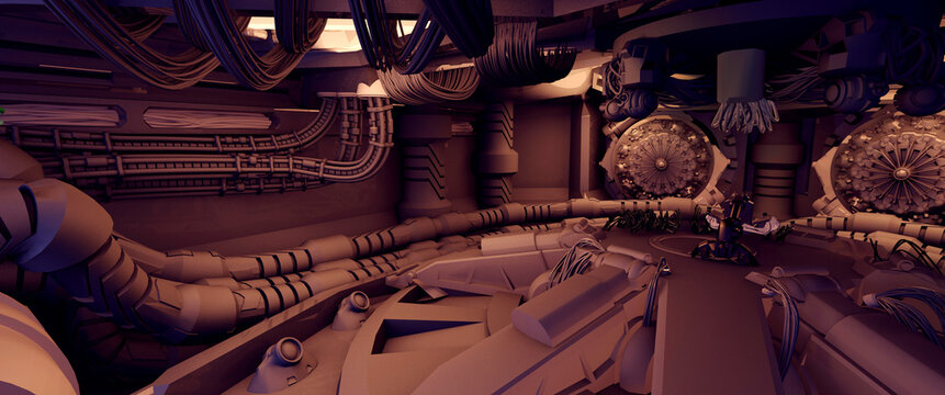 Science fiction spaceship interior, interstellar travel, 3D Rendered Illustration