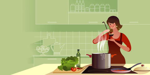Young chef girl in the kitchen cooks tasty cabbage soup. Flat graphic vector illustration.