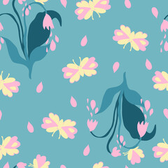 Fototapeta na wymiar Vector seamless pattern with spring wildflowers and cute butterflies on blue background
