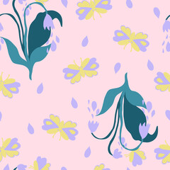 Fototapeta na wymiar Vector seamless pattern with spring wildflowers and cute butterflies on pastel pink background